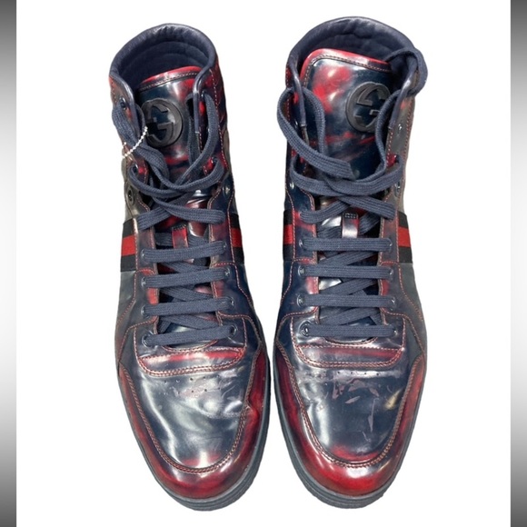 Gucci Men's 283533 "GG" Logo Navy and Red Burn high Top Sneakers US 8G - Picture 2 of 5